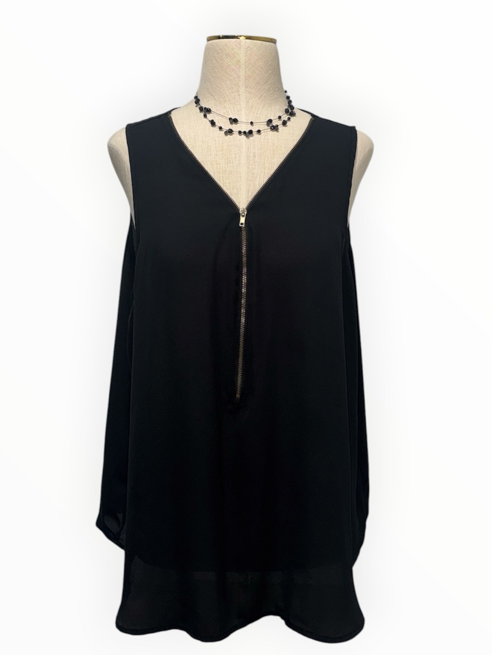 Ambiance Black Sleeveless Zip-Front V-Neck Tank Blouse - Plus Size 1XL